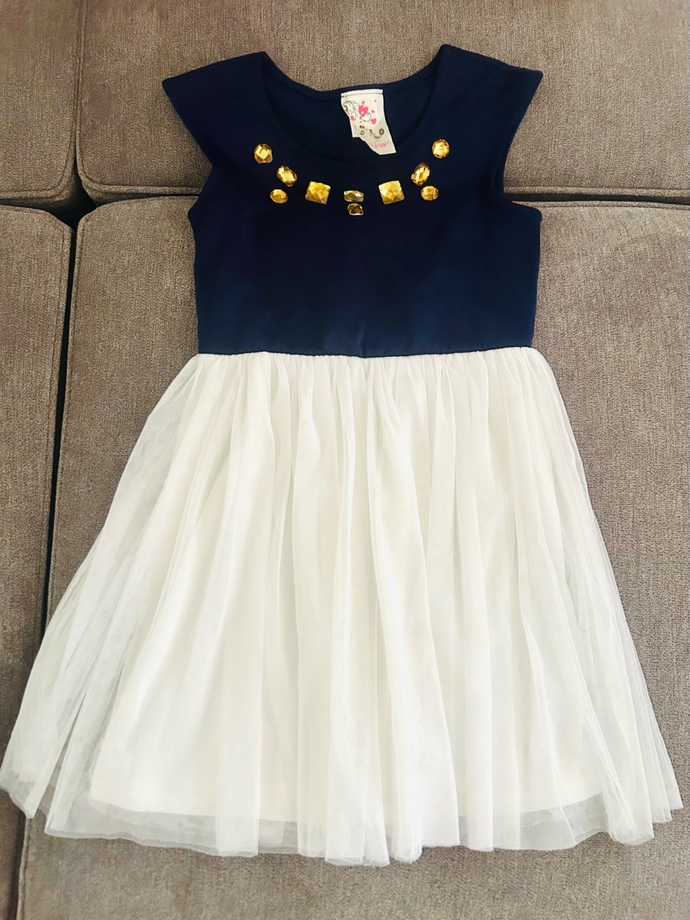 Girls Navy and White Jewel-Accent Tulle Dress